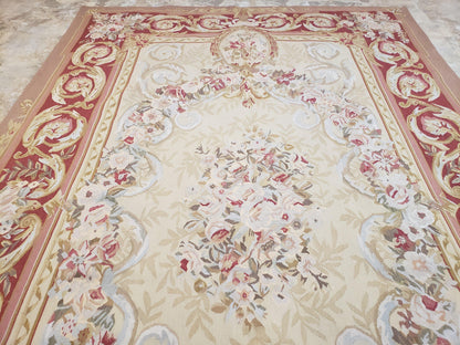 Aubusson Rug 6x9 Flatweave Wool Hand Woven Cream And Red