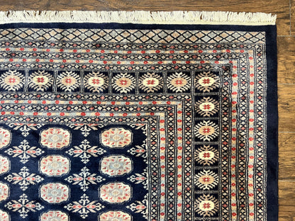 Pakistani Bokhara Rug 8x10 Hand Knotted Wool Vintage Carpet in Dark Blue Beige