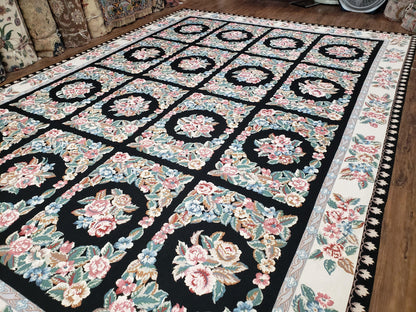 Floral Needlepoint Rug 9.5 x 13.6, Floral Panel Design, Black and Ivory Flatweave Aubusson Carpet, Multicolor