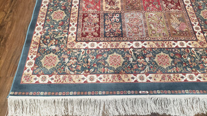 Silk Carpet 4x6 Blue, Panel Design, Four Seasons Pattern, Super Fine & Soft, Bamboo Silk, 4 x 6 Oriental Area Rug, High Quality, New Rug