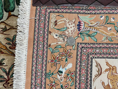 Silk Persian Qum Rug 3x5 Hunting Pattern Handmade Vintage Carpet Signed By Master Weaver