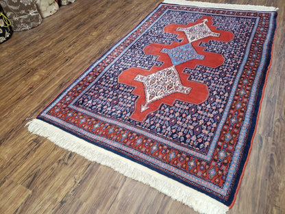 Senneh Wool Area Rug 4x6 Handmade Kurdish Carpet Vegetable Dyes Red Blue