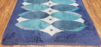 Blue Rya Rug Mid Century Danish Shag Wool Abstract Modern Rug 4 Foot 6 Inch By 6 Foot 7 Inch