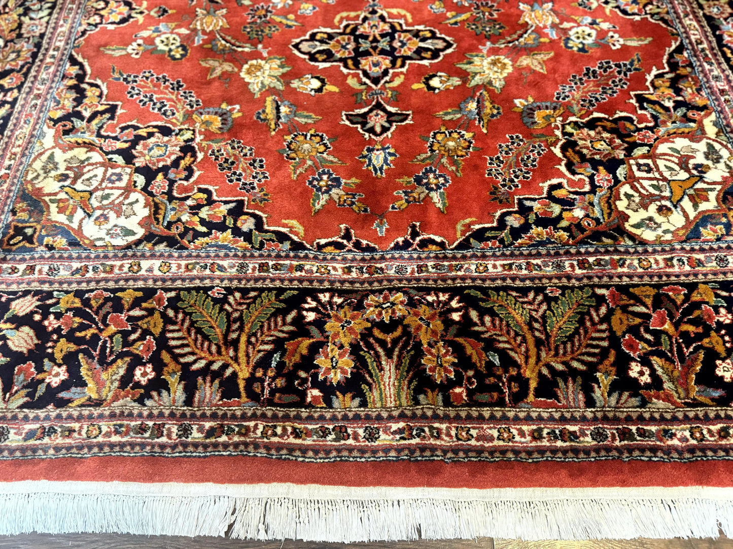Indo Persian Rug 7x10 Vintage Handmade Wool Carpet Floral Medallion Red And Midnight Blue