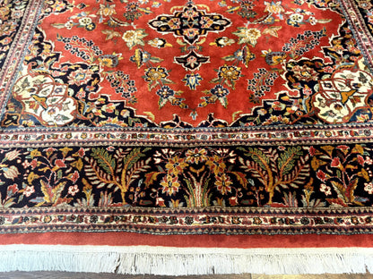 Indo Persian Rug 7x10 Vintage Handmade Wool Carpet Floral Medallion Red And Midnight Blue
