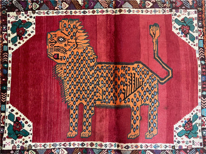Antique Persian Gabbeh Rug Wool Hand Knotted 4x5 Lion Pictorial Tribal