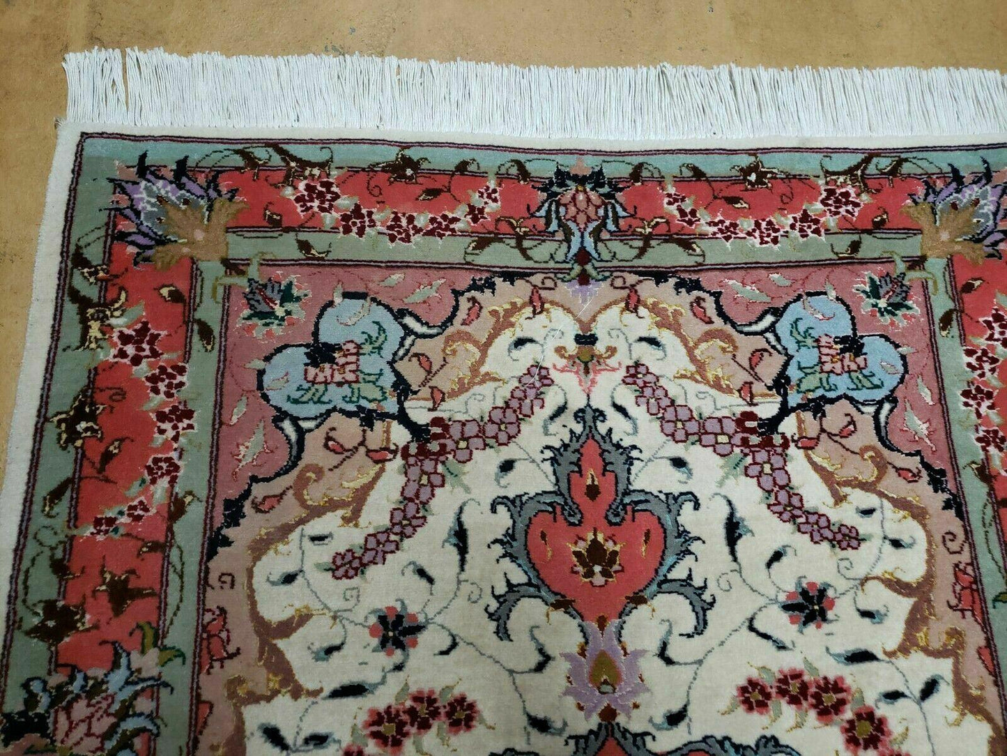 Small Vintage Persian Tabriz Wool and Silk Rug 2.5 x 4 ft, Very Finely Hand Knotted, Medallion, Ivory Salmon Light Blue, Top Quality, Pair B
