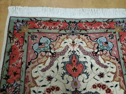 Small Vintage Persian Tabriz Wool and Silk Rug 2.5 x 4 ft, Very Finely Hand Knotted, Medallion, Ivory Salmon Light Blue, Top Quality, Pair B