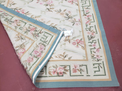 Vintage Aubusson Area Rug, Aubusson Flat weave Carpet, Floral Geometric Pattern, Beige Teal Green, 4x6 Rug, European Design