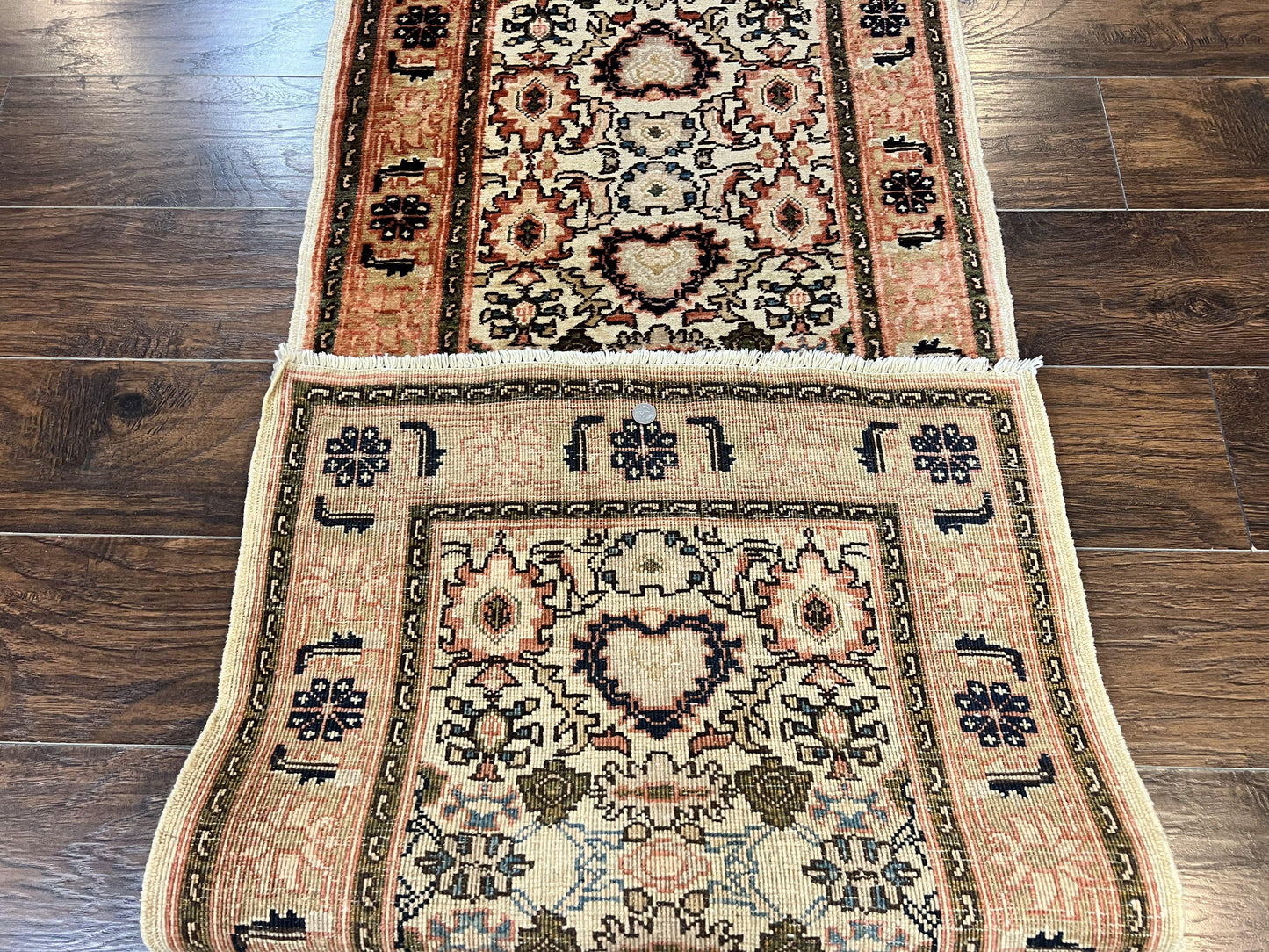 Romanian Runner Rug 2.6 x 12.9, Wool Handmade Hand Knotted Skinny Runner for Hallway, Floral Allover, Vintage Tan Runner
