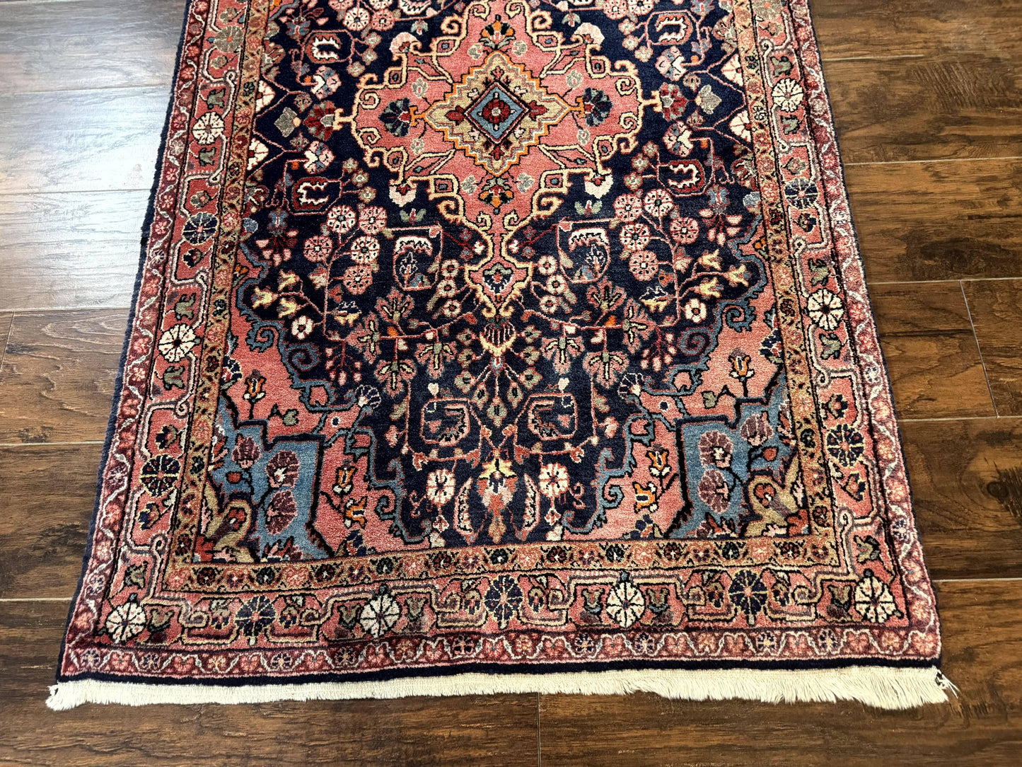 Persian Rug 3x5, Jozan Sarouk Rug, Navy Blue and Coral, Medallion Rug, Semi Antique