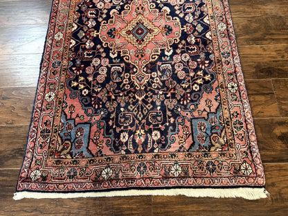 Persian Rug 3x5, Jozan Sarouk Rug, Navy Blue and Coral, Medallion Rug, Semi Antique