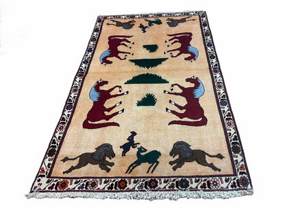 Handmade Wool Rug 4x6 Hand Knotted Tribal Horses Veggie Dyed
