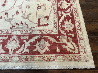 Peshawar Rug 8x12 Pakistani Carpet, Oriental Rug 8 x 12 Chobi Rug, Beige and Red, Allover Large Floral Design, Hand Knotted Vintage Wool