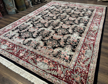Sino Persian Rug 9x12 Black Floral Bouquets Vintage Hand Knotted Wool Silk