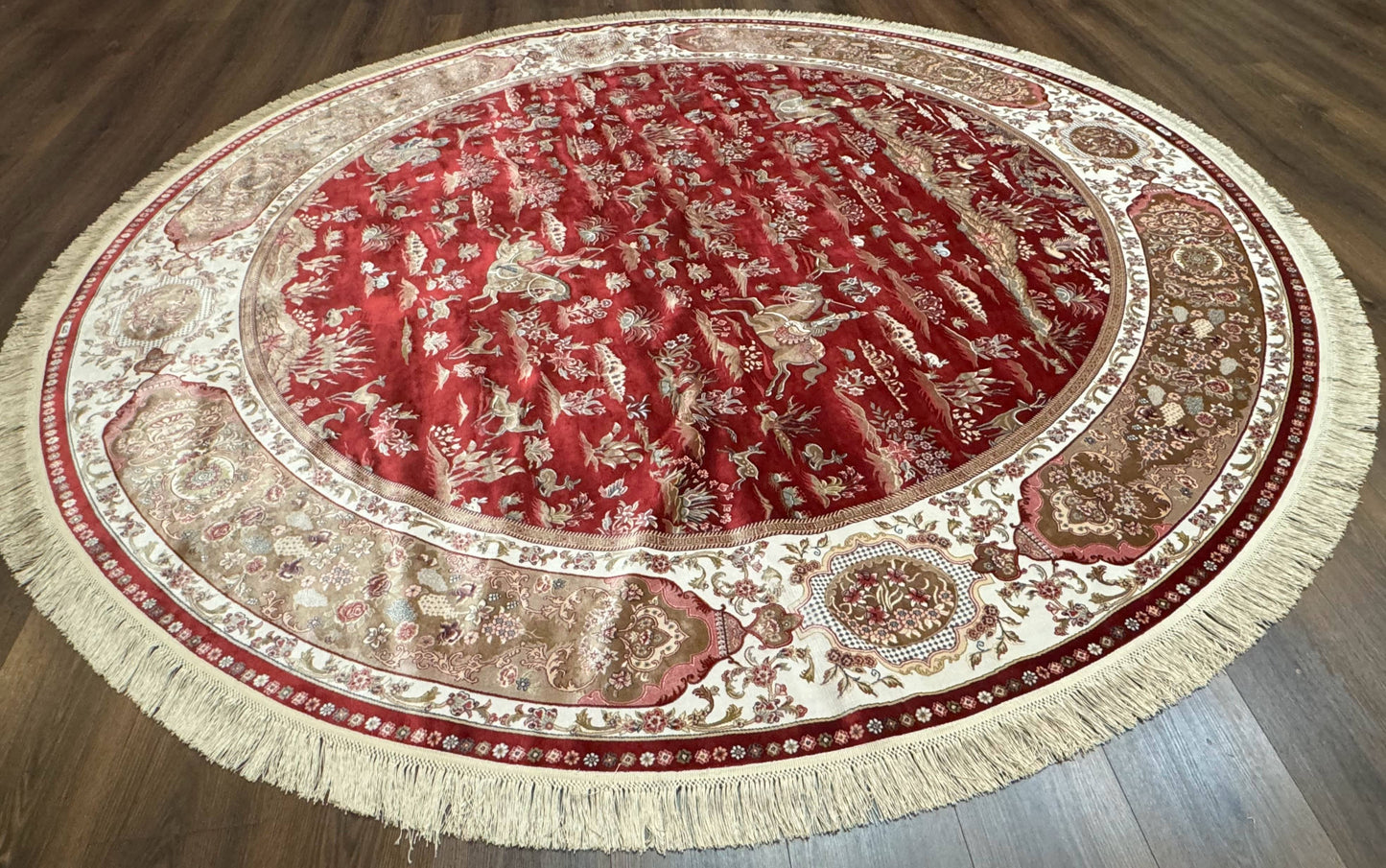 Turkish Silk Rug 8x8 Round Hunting Scene Bamboo Silk Dark Red Ivory