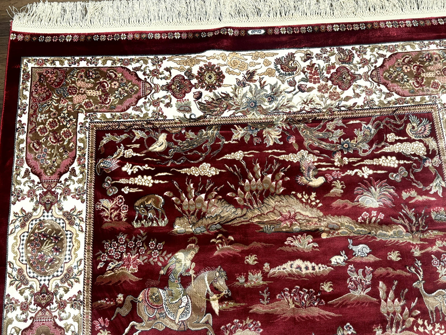 Turkish Silk Hunting Design Rug 4x6 Bamboo Silk Dark Red Ivory
