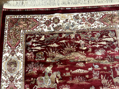 Turkish Silk Hunting Design Rug 4x6 Bamboo Silk Dark Red Ivory