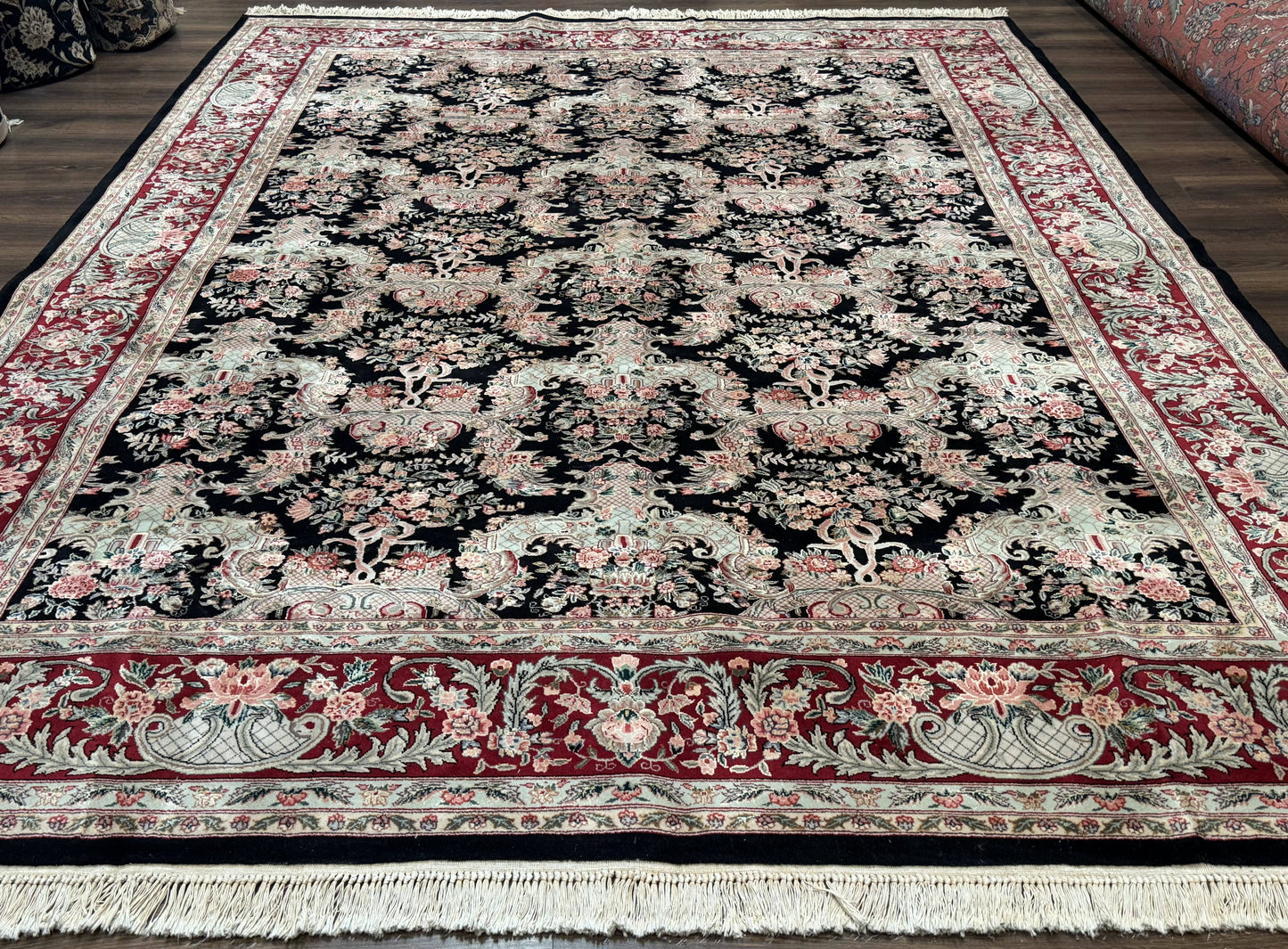 Sino Persian Rug 9x12 Black Floral Bouquets Vintage Hand Knotted Wool Silk