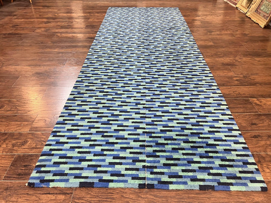 Wool Runner Rug Blue Multicolor Mosaic Design 4.7 x 12 Contemporary Power Loomed