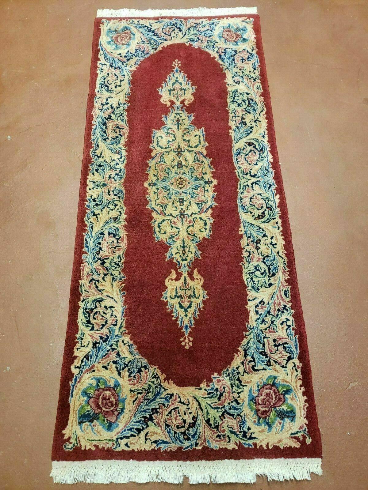 Persian Kirman Rug Hand Knotted Wool 2x4 Vintage Floral Medallion Red Beige