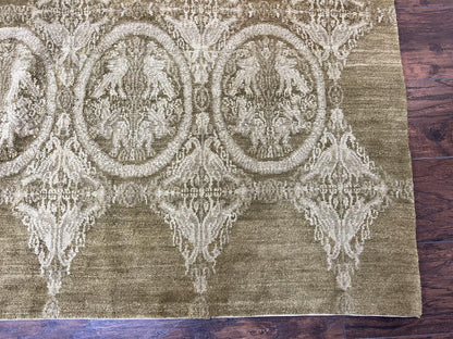 Tibetan Rug 12x15, Wool Hand Knotted Carpet, Odegard Rug, Birds, Olive Green, 12 x 15 Oversized Handmade Contemporary Area Rug, Extra Large