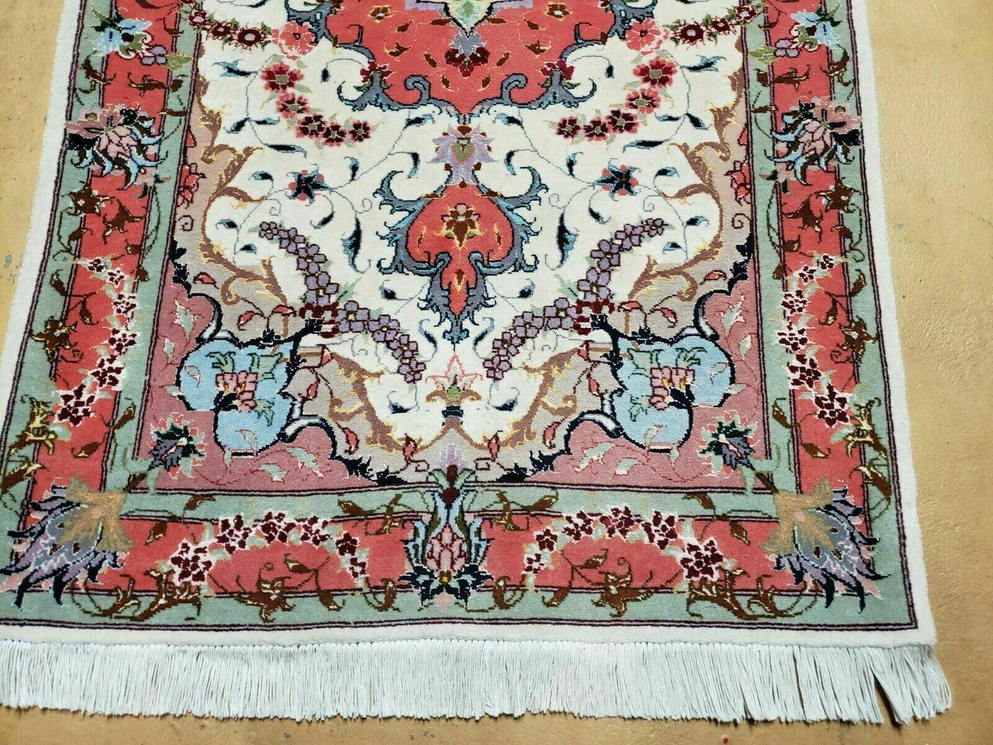Small Vintage Persian Tabriz Wool and Silk Rug 2.5 x 4 ft, Very Finely Hand Knotted, Medallion, Ivory Salmon Light Blue, Top Quality, Pair B