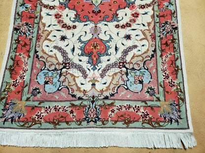 Small Vintage Persian Tabriz Wool and Silk Rug 2.5 x 4 ft, Very Finely Hand Knotted, Medallion, Ivory Salmon Light Blue, Top Quality, Pair B