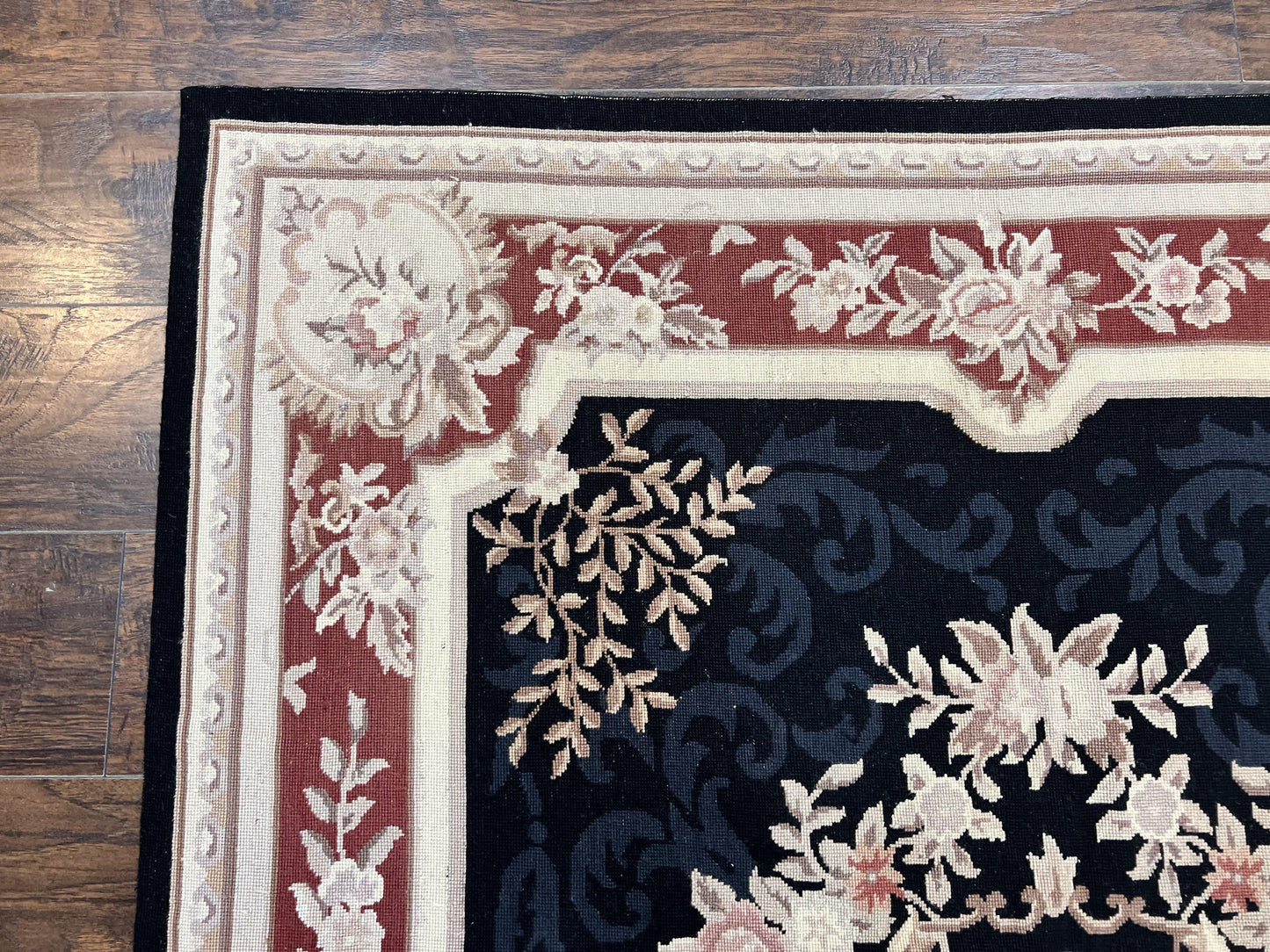 Needlepoint Rug 5x8 Wool Handmade Vintage European Aubusson Flatweave Rug Black and Maroon