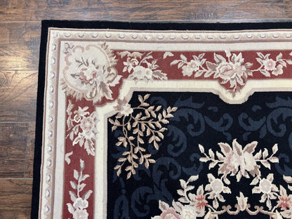Needlepoint Rug 5x8 Wool Handmade Vintage European Aubusson Flatweave Rug Black and Maroon