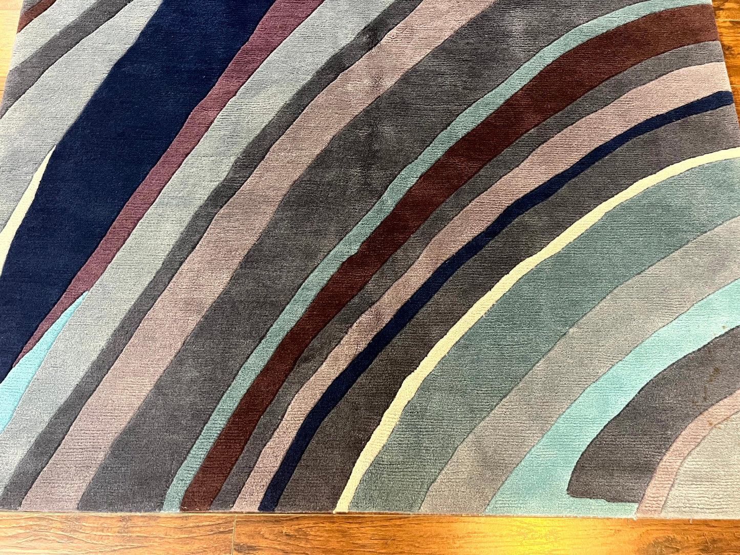 Modern Nepali Handmade Wool Rug 6x8 Abstract Blues Gray Mauve