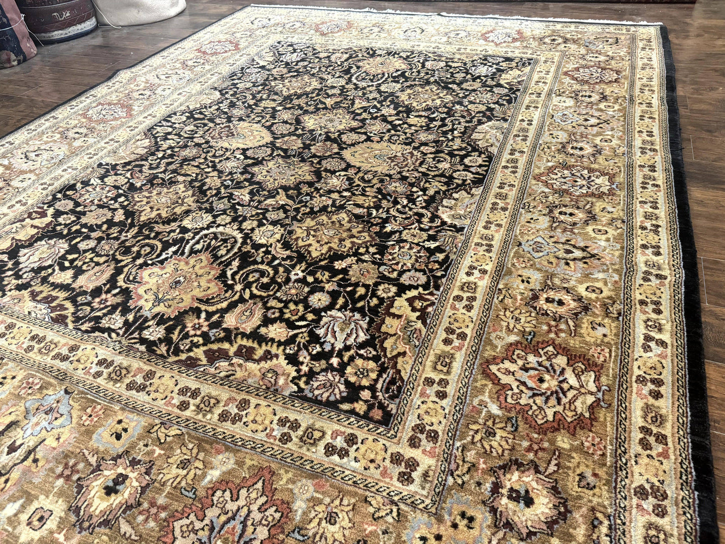 Indo Persian Rug 9x12, Floral Allover, Midnight Blue, Handmade Vintage Wool Oriental Carpet