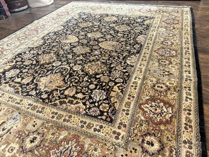 Indo Persian Rug 9x12, Floral Allover, Midnight Blue, Handmade Vintage Wool Oriental Carpet