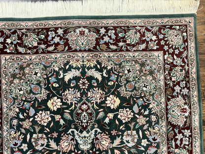 Pak Persian Rug 4x6, Wool Hand Knotted Vintage Carpet, Dark Green, Floral Medallion, Fine Oriental Rug