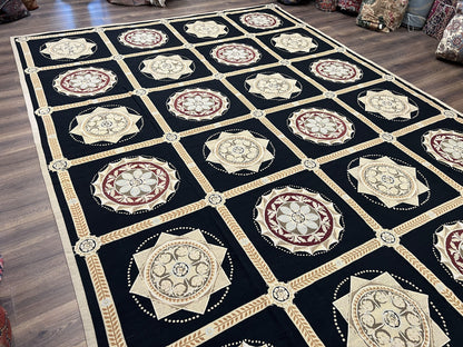 Large Needlepoint Rug 10x13, Panel Design, Black and Beige, Wool Needlepoint Carpet 10 x 13, English Garden, Handwoven Area Rug, Living Room