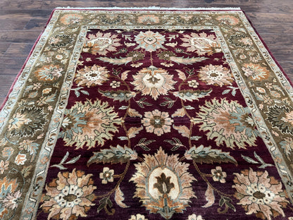Indo Mahal Rug 6x9, Large Flowers Allover, Maroon and Green, Handmade Wool Area Rug, Vintage Rug, Indian Oriental Carpet, Hand Knotted Rug