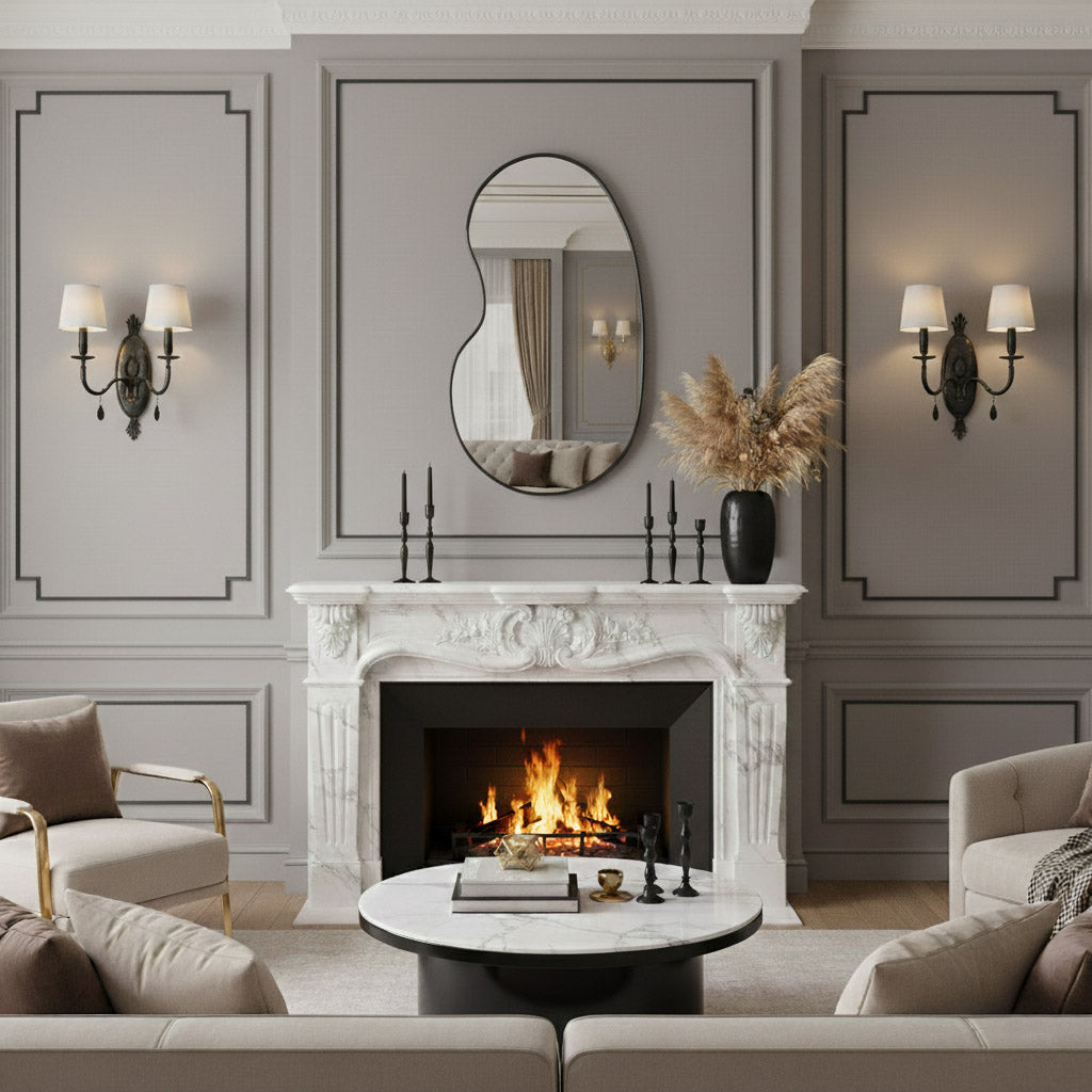 Black kidney mirror over classic fireplace mantel.