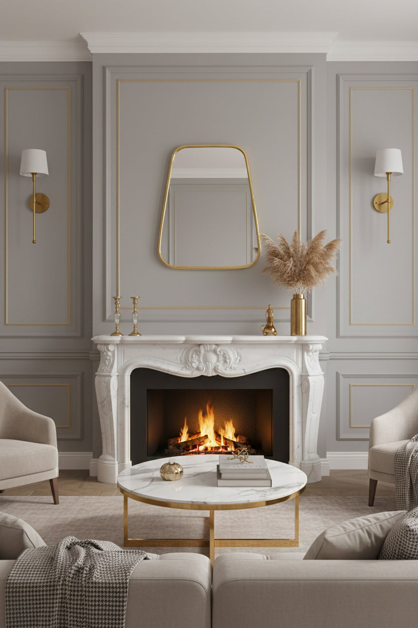 Brass mirror above marble fireplace