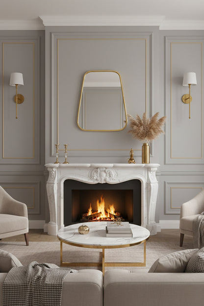 Brass mirror above marble fireplace