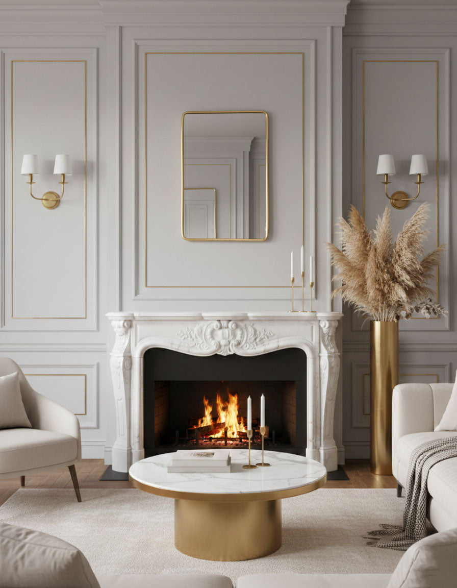 Rectangular brass mirror displayed over classic fireplace mantel