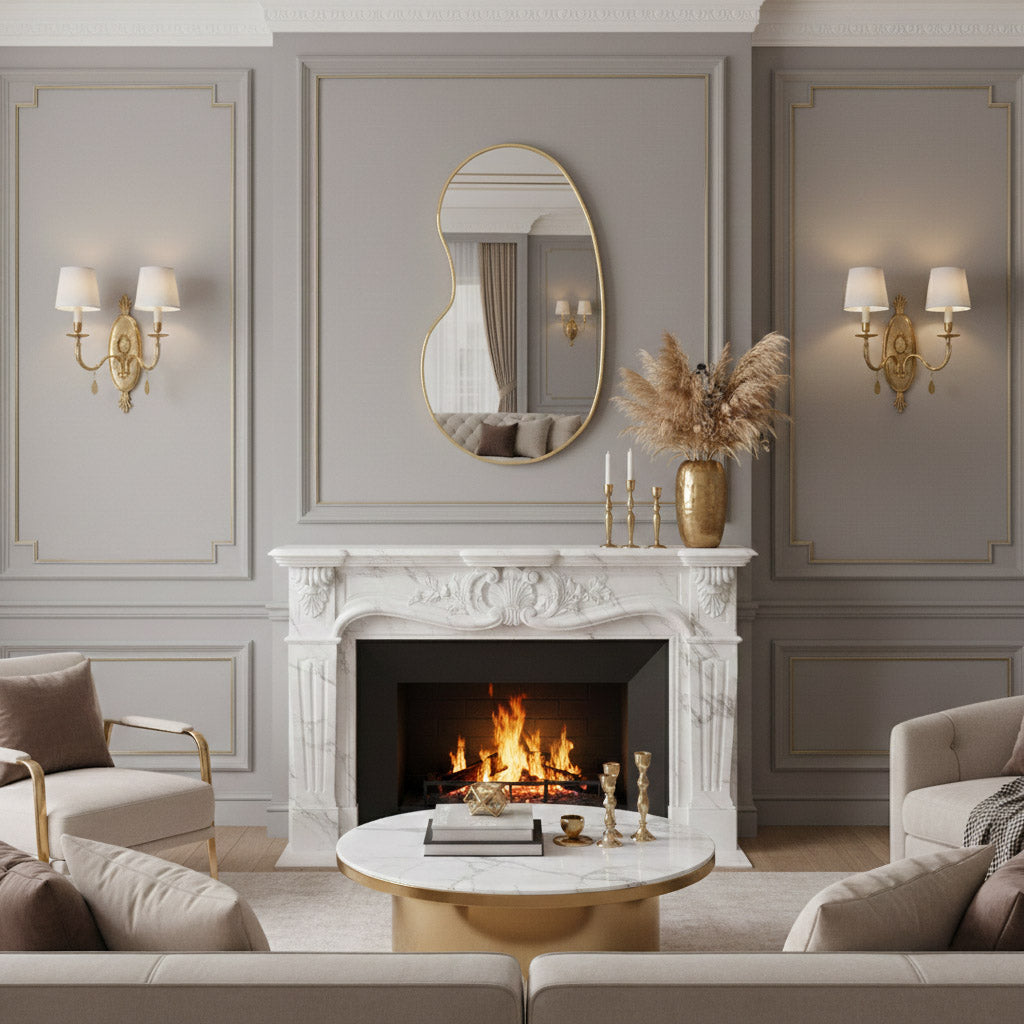 Kidney-shaped brass mirror above marble fireplace.