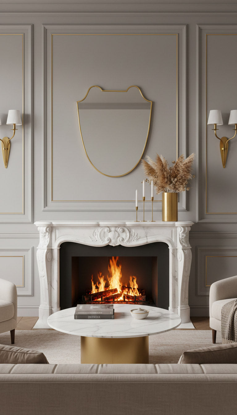 Shield-shaped brass mirror above classic white fireplace mantel.
