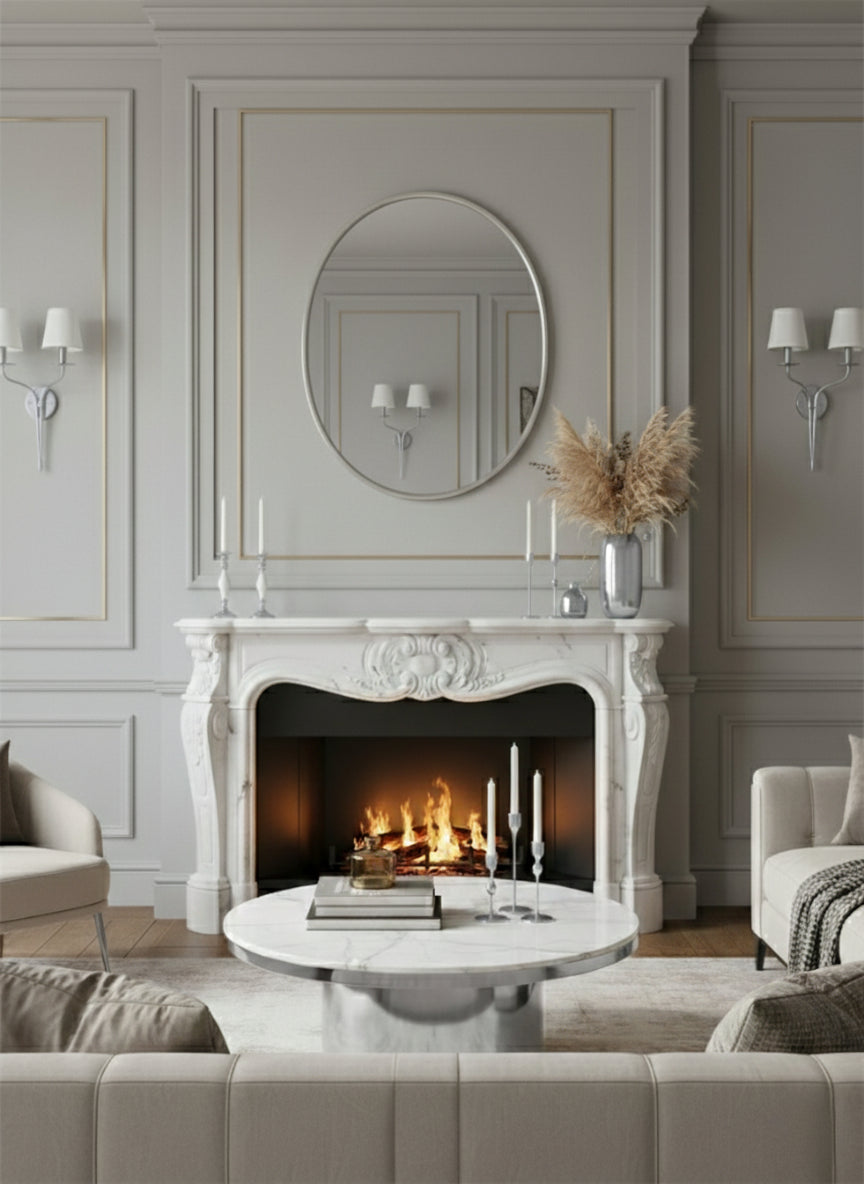 Elegant oval mirror above fireplace in a sophisticated living room.