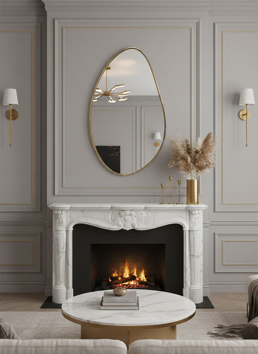 Brass mirror above fireplace in classic living room