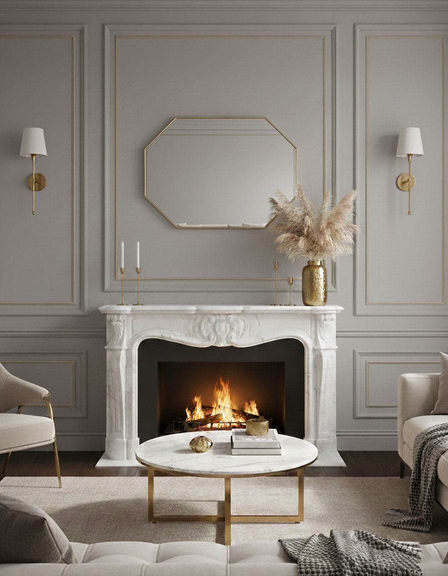 Octagon brass mirror above white fireplace mantel.