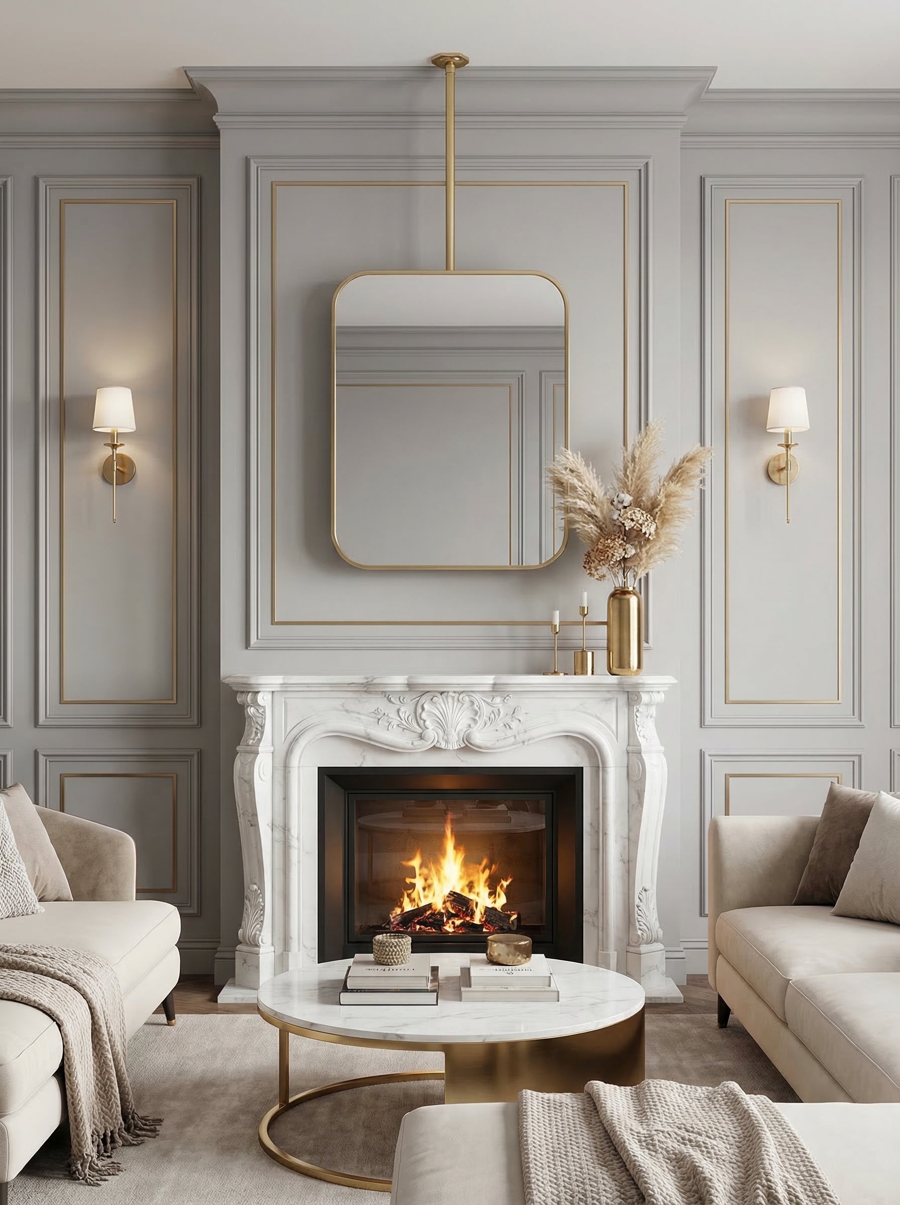 Modern brass suspended mirror above an elegant marble fireplace
