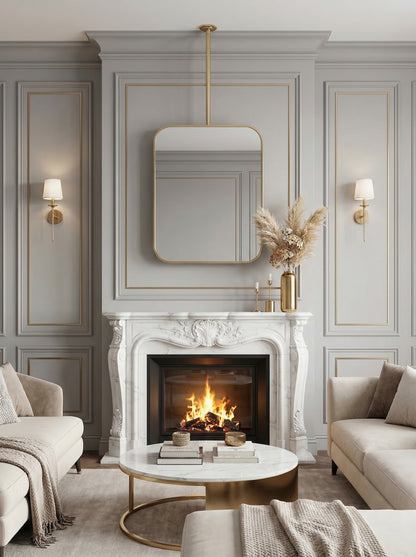Modern brass suspended mirror above an elegant marble fireplace