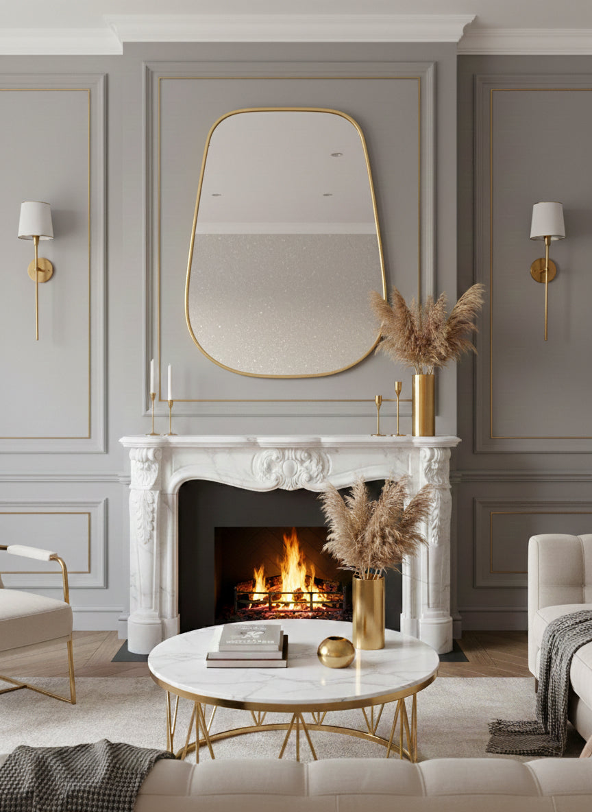 Triangle brass mirror over marble fireplace in classic living room