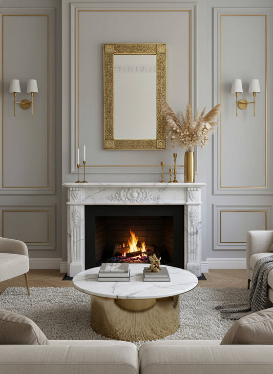 Rectangular ornate brass mirror styled above a classic fireplace