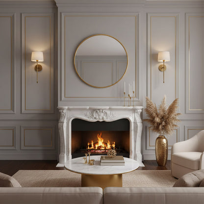 Round brass mirror above fireplace in classic living room